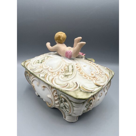 Vtg Bisque Porcelain Trinket Box with Baby Cherub & Floral Design 6" Bath Salts - Picture 8 of 13